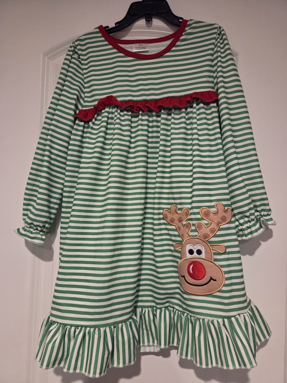 Girls' Green & White Stripe Reindeer Dress with Red Trim